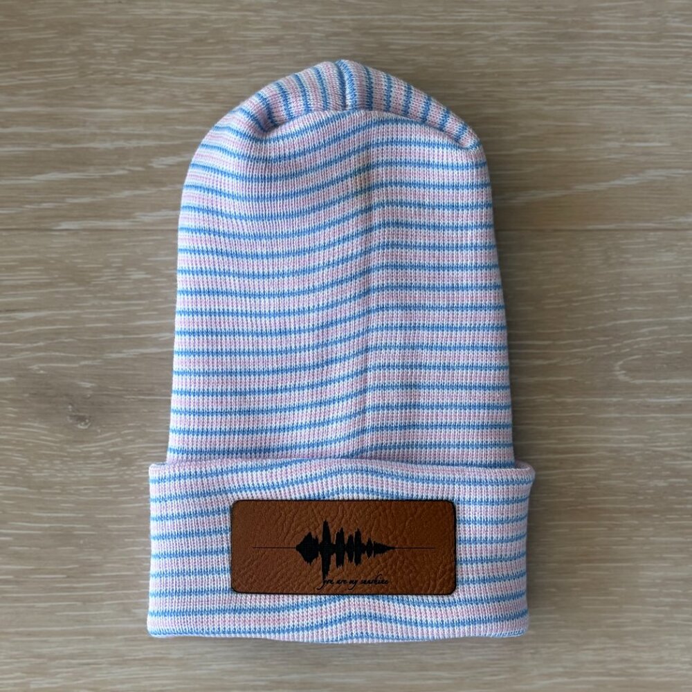 NEW You Are My Sunshine Cotton Baby Beanie Newborn Blue Pink Stripe Minimalist